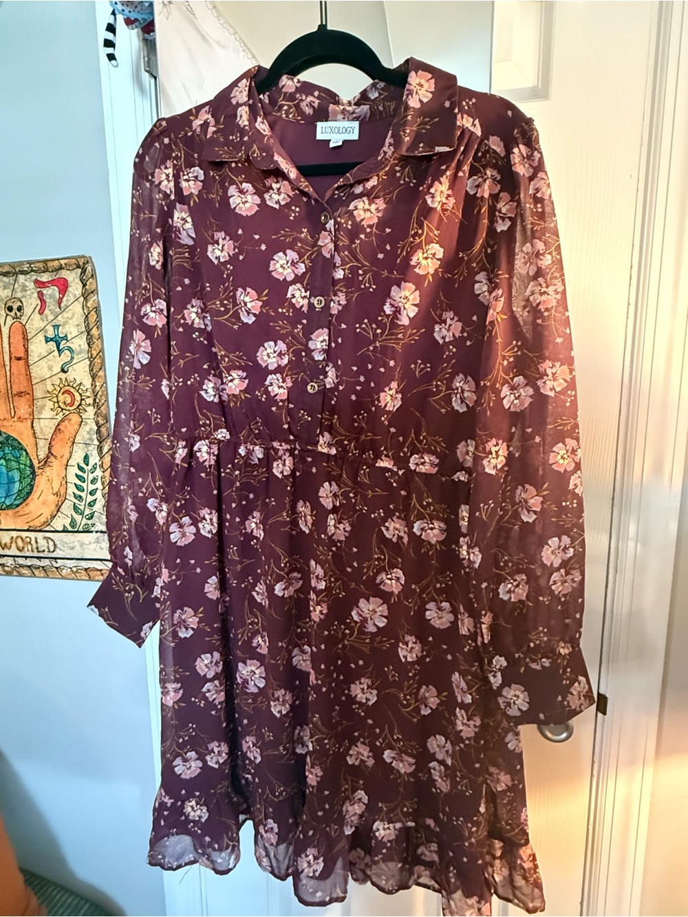 Luxology Burgundy Floral Button-Front Long Sleeve Dress